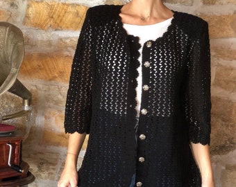 Vintage 80s Handmade Black Mesh Cardigan, Half Sleeve