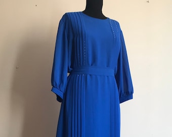 80s Vintage Electric-blue Midi Dress with Rhinestones / Vintage Dress / Blue Dress / Party Dress / Retro Dress / Women's /