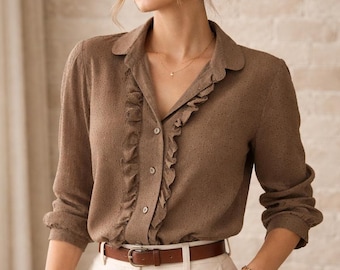 Vintage Tailor Made Ruffle Blouse – Brown Polka Dot Shirt – 70s Parisian Chic Top