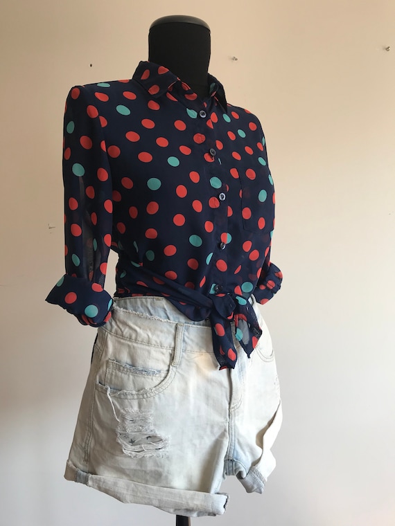 Vintage Polka Dot Shirt / Long Sleeve See Through Shirt