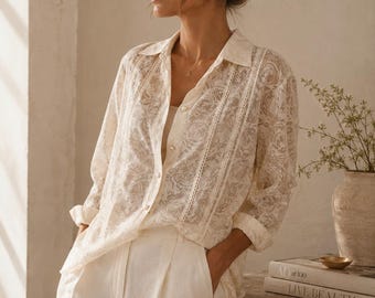 Vintage 80s Sheer Floral Blouse Cream Romantic Button Up Shirt, French Cottagecore Lace Trim Top, Quiet Luxury Blouse