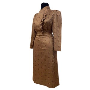 Vintage 50s Mocha Brown Two Piece Suit /  Skirt Suit / Women’s Double Breast Frilled Two Piece Skirt Suit