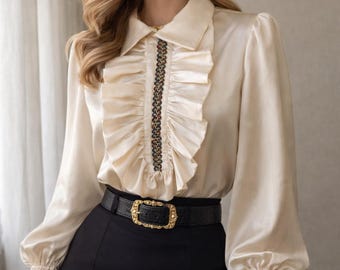 Vintage Satin Ruffle Blouse Cream | 80s Statement Shirt Gold Trim | Romantic Victorian Style Top