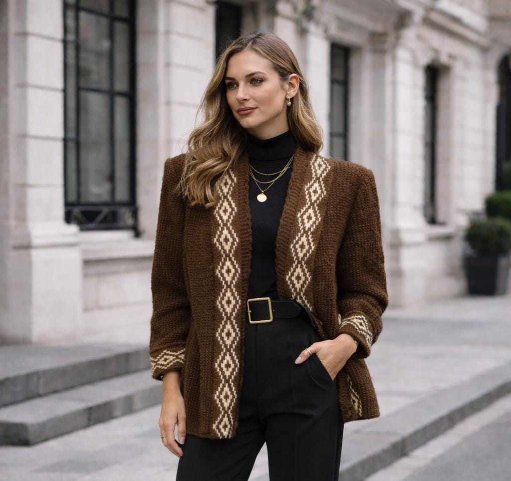 80s Handknit Geometric Nordic Cardigan Jacket – Structured Brown