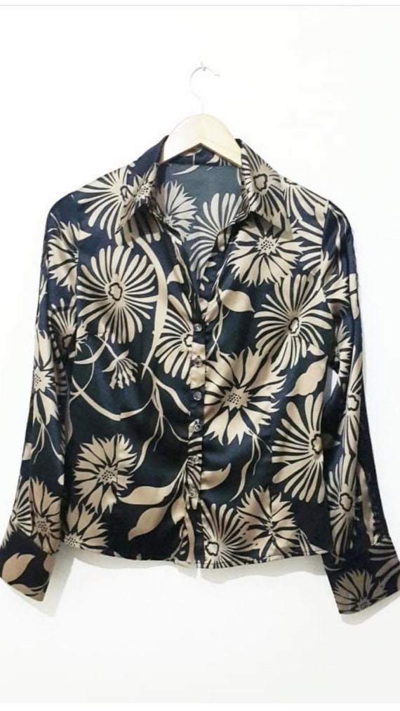 シャツ+ブラウス(長袖+七分) Vintage gold black floral lace blouse 80s Vintage Satin Floral Blouse – Black Gold Lace Sleeve Retro