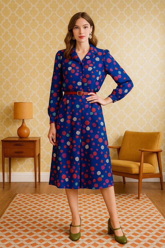 1970s midi dress 1970s Blue Polka Dot Midi Dress, Long Sleeve Retro A-line