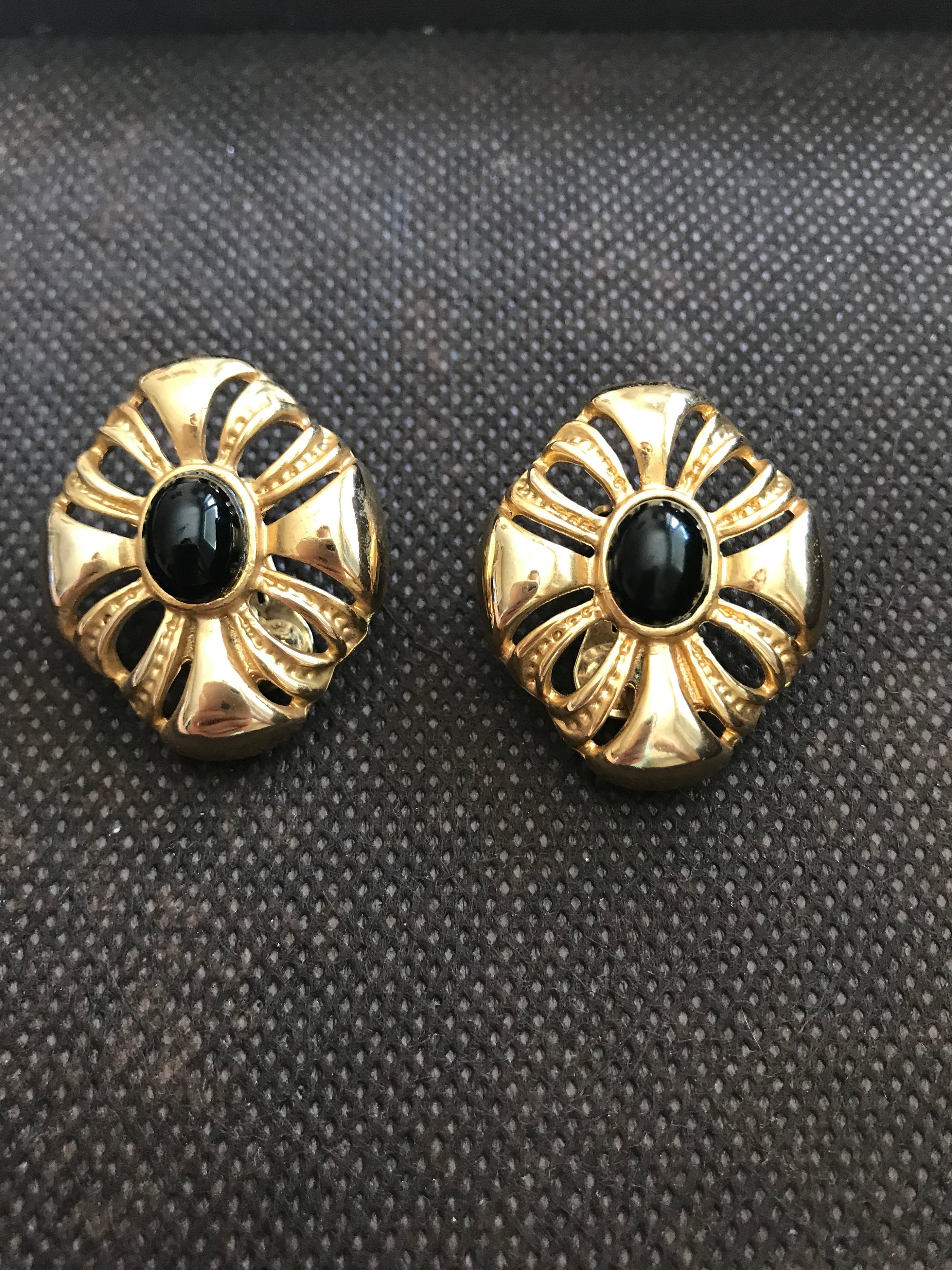 Boucles D'oreilles Vintage Clips Argentées Avec Pierre Noire - Réf 2915 - Occasion Parfait état