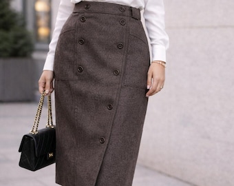Falda midi vintage de lana marrón / Falda lápiz de tweed de talle alto