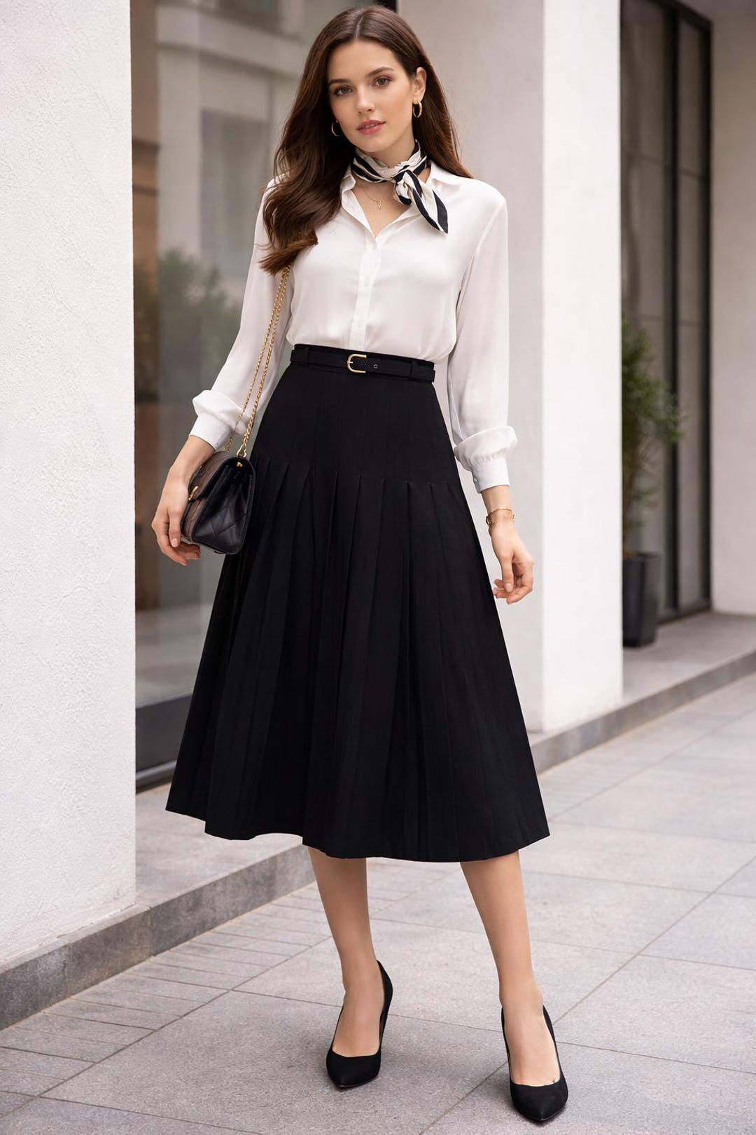 ベルト HELK PLEATS SKIRT BELT (BLACK) Vintage Black Pleated Midi Skirt – High Waisted A-line With Belt