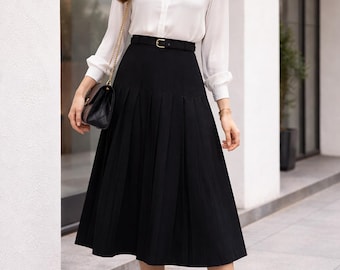 Black Pleated Midi Skirt With Pockets – High Waist A-line Office