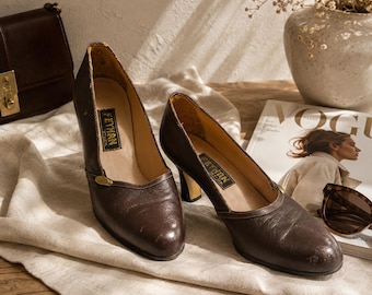 Escarpins vintage en cuir marron des années 1980 | Chaussures classiques à talon moyen | Style Old Money au luxe discret / pointure 38 (UE)