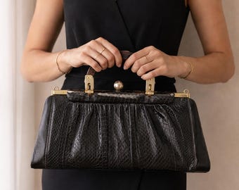 Vintage Black Handbag, 80s Top Handle Evening Bag, Elegant Formal Clutch, Classic Luxury Bag