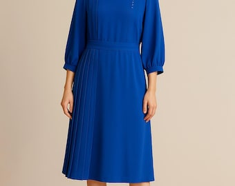 Vestido vintage de gasa azul marino de los años 80 – Largo midi plisado, detalles de cristal