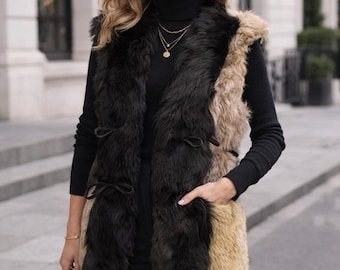 Vintage tweekleurig vest van echt bont – luxe bodywarmer uit de jaren 90