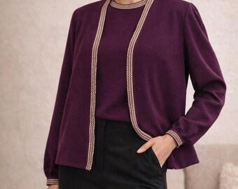 Vintage Purple Wool Blazer and Blouse Set: 80s Office Two-Piece Outfit