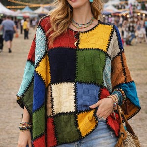 Handgefertigter Boho-Patchwork-Poncho • Bunter Strick-Festivalumhang • Handgefertigtes Häkeloberteil