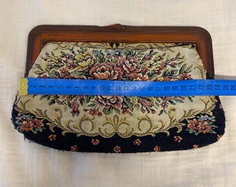 Vintage Tapestry Clutch Bag, Floral Handbag, 70s Frame Purse