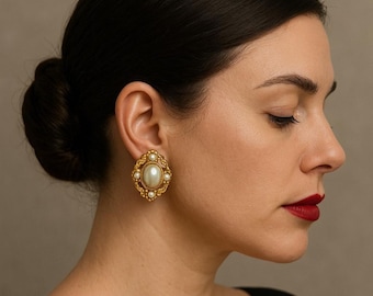 1980s Vintage Baroque Clip-On Earrings – Gold Tone Faux Pearl