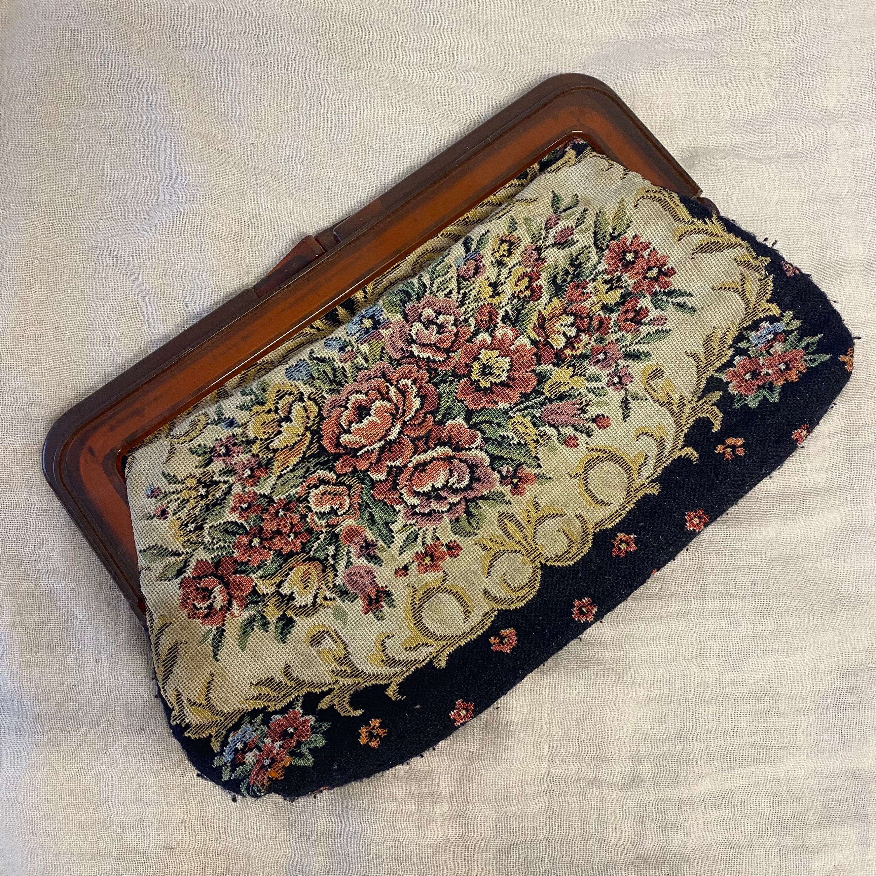 Vintage Tapestry Clutch Bag, Floral Handbag, 70s Frame Purse