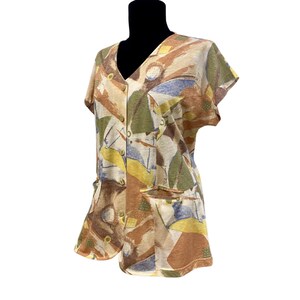 1980s Vintage Women’s Abstract Pattern Chic Button Down Short Sleeve Blouse