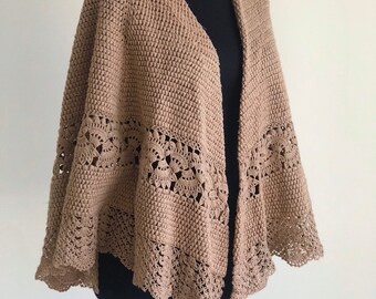 Handmade Vintage Shawl / Vintage Light Brown Shawl / 70s / Boho Shawl / Shoulder Wrap / Handknit Shawl