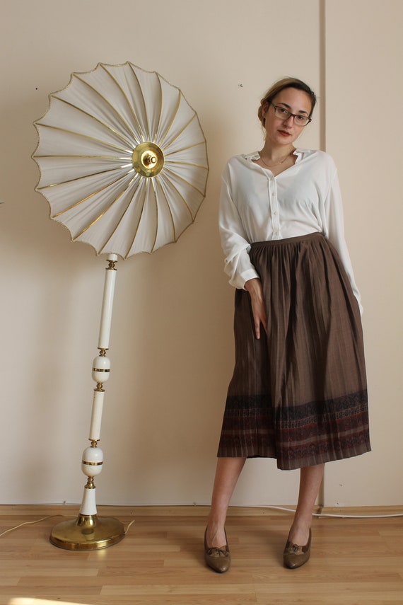 80s vintage midi pleated light brown skirt with pa