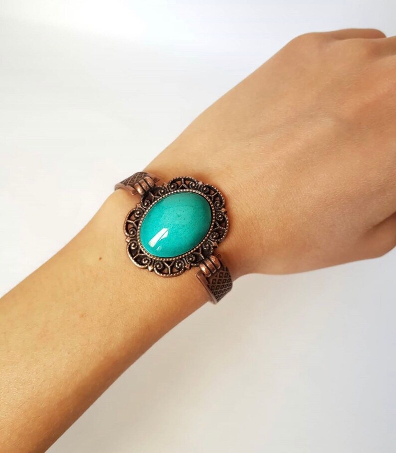 1980s Vintage Copper Bracelet with Turquoise Color Porcelain Statement Piece Women\u2019s Bracelet Gift for Her