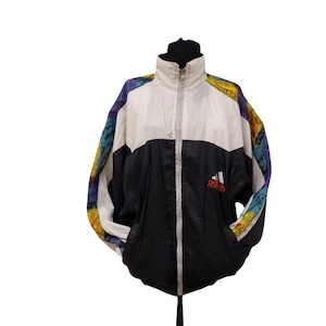 1990s Vintage Men’s Adidas Track Jacket Size XL, Retro White and Rainbow color Adidas Windbreaker, Retro UK Style Sports Jacket