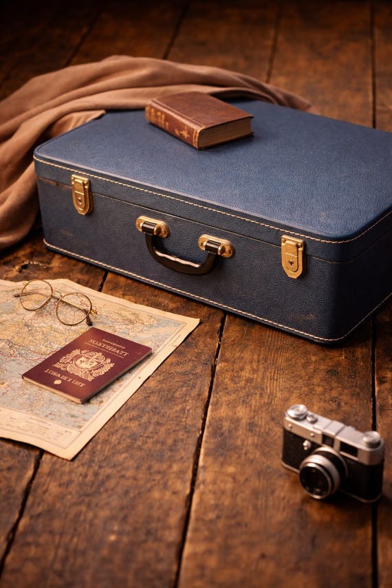 Vintage Blue Hard Shell Suitcase, 1960s Mid Century Travel Luggage
