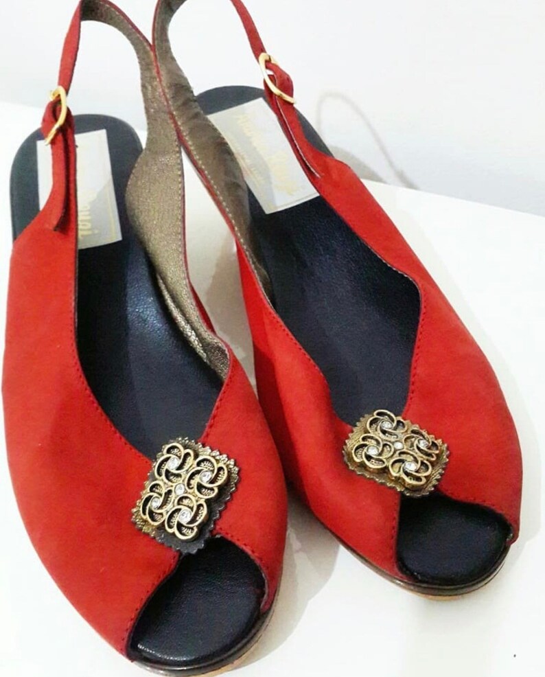 Vintage Red Andrea Renzi Sling Back Cork Heel Shoes / High