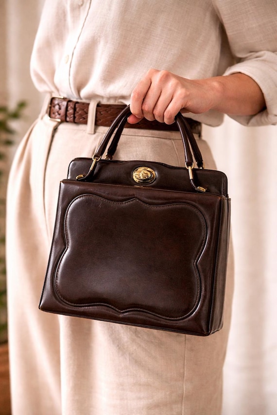Vintage Dark Brown Leather Top Handle Bag, 70s Gold Clasp Box Bag