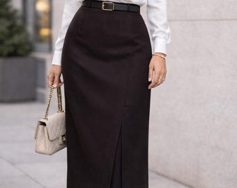 Falda lápiz vintage de mezcla de lana / Cintura alta, estilo midi, ideal para la oficina.