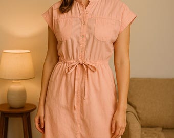 Vintage 80s Soft Pink Cotton Dress – Mandarin Collar Cottagecore Shirt Dress