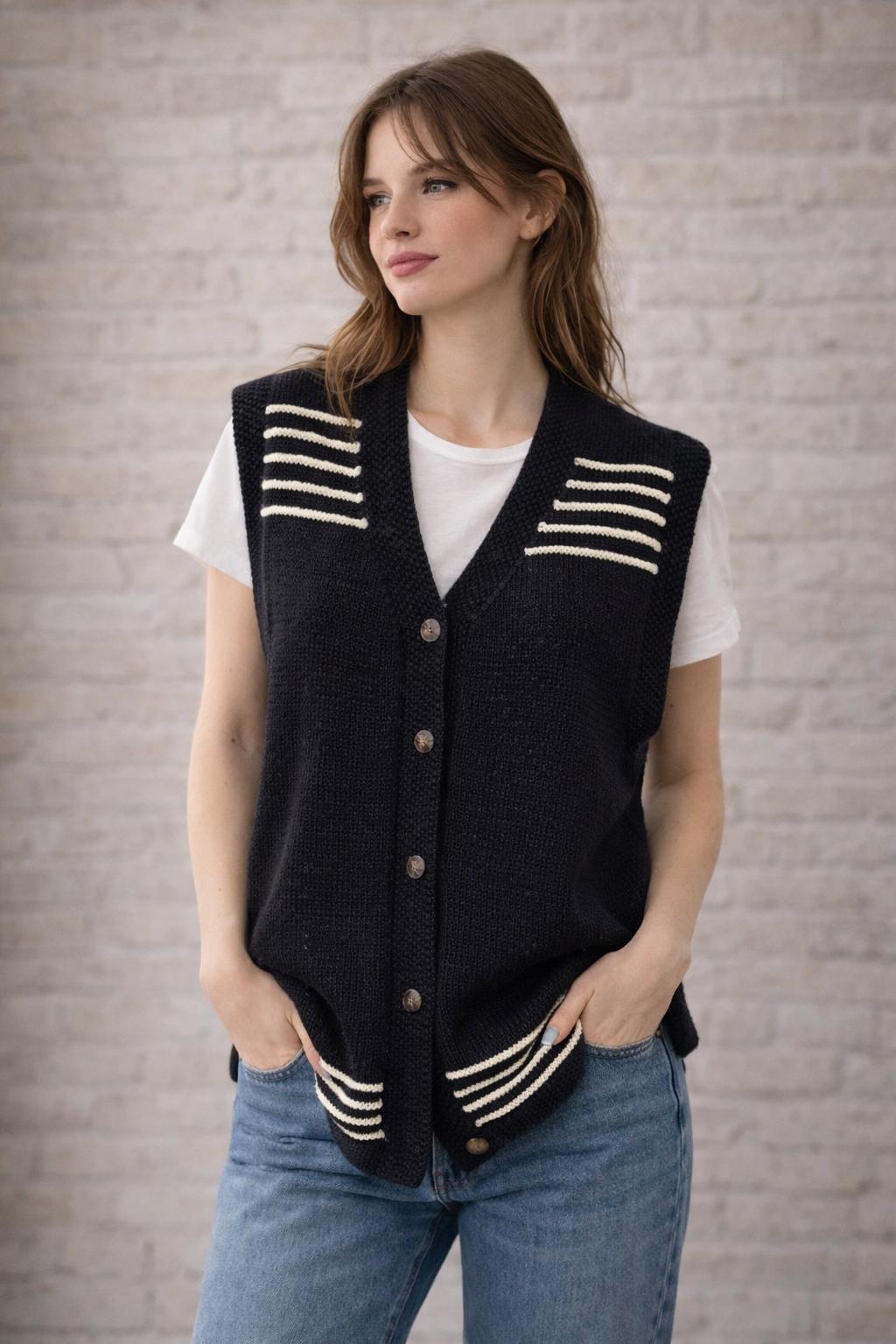 Vintage Black Knit Vest, White Stripes, Oversized 80s Sleeveless