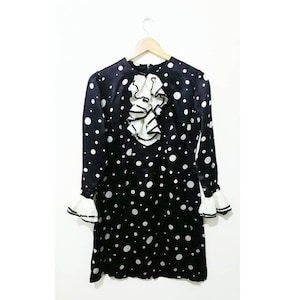 Vintage Designer Satin Polka Dot Dress / Haute Couture Dress / Ruffled Neck&Sleeve Hems / Little Black Dress / Cocktail Dress / Party Dress