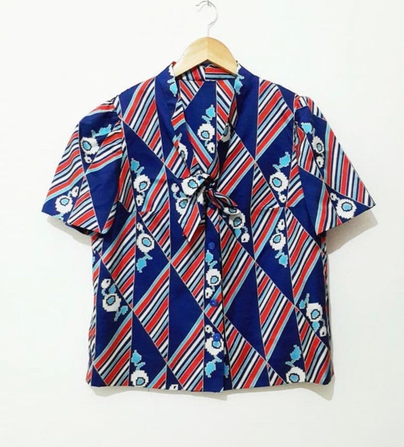 Vintage Shirt / Short Sleeve Shirt / Blue and Red… - image 2