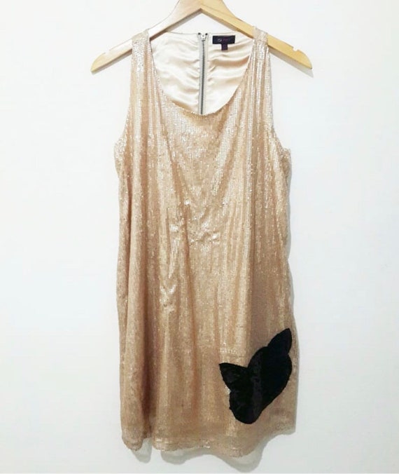 Vintage Sequin Mini Dress / Sequin Dress / Beige … - image 1