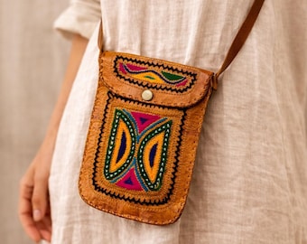 Vintage Peruvian Boho Crossbody Bag, Leather Embroidered Phone Purse, Ethnic Festival Bag