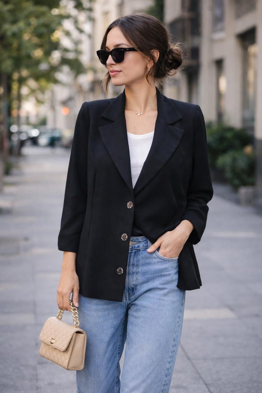 80s Vintage Black Minimalist Tailored Blazer With Buttons – Casual