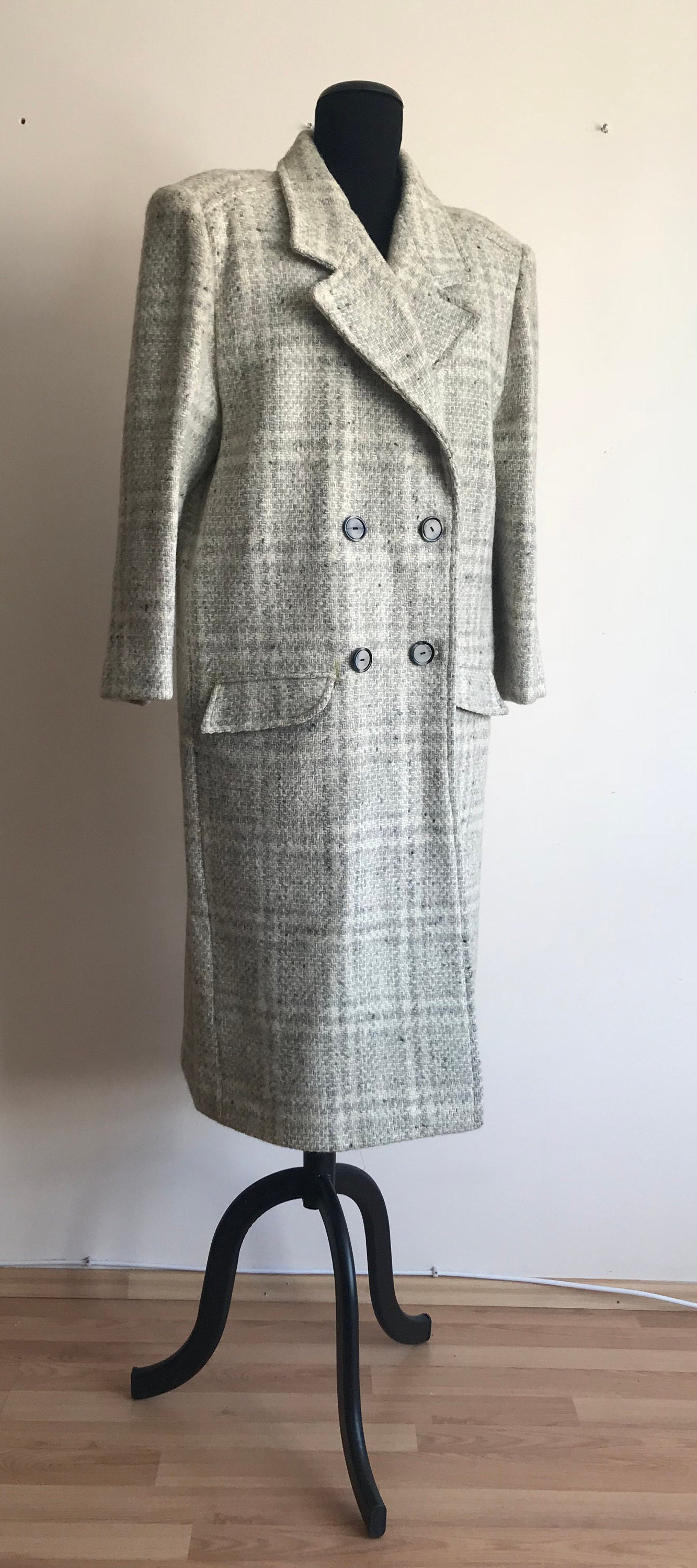 Vintage 80s Grey Coat Double Breasted Long Winter Coat With