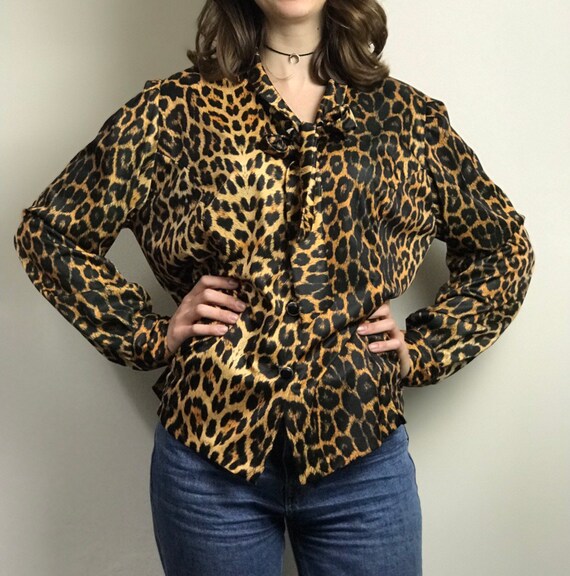 Vintage 70s Leopard Print Pussy Bow Shirt / Long S
