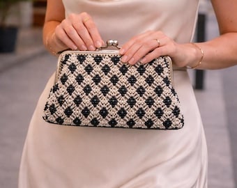 Vintage Beaded Clutch Bag, Black Ivory Macrame Evening Purse, Kiss Lock Frame