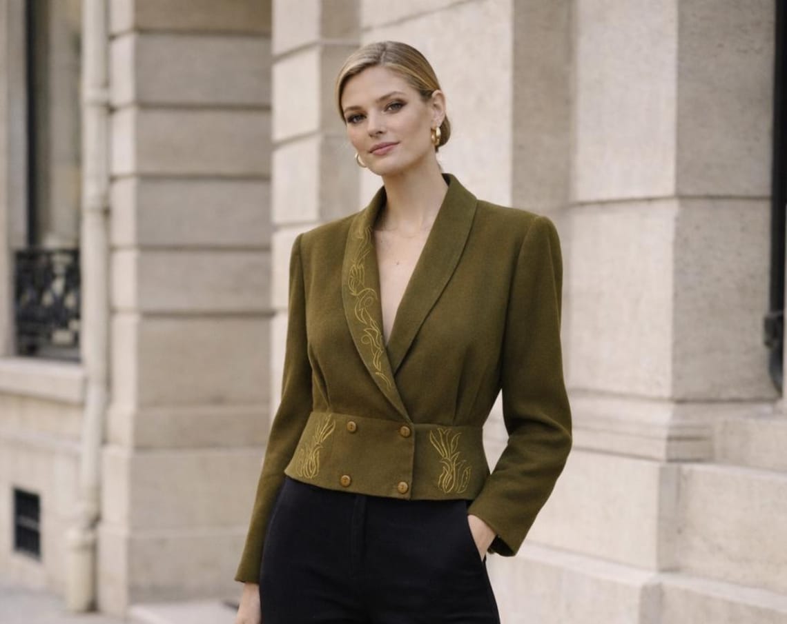 Vintage Olive Green Embroidered Cropped Blazer – 90s Tailored Jacket – Parisian Minimalist Chic, photo 1 of 5
