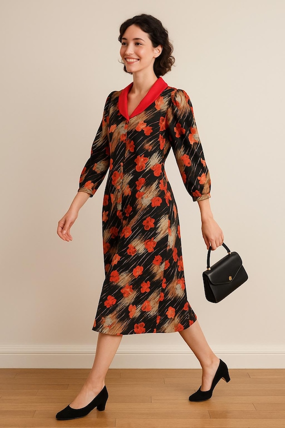 1970s Floral Midi Dress - Vintage Wool Blend with Red Shawl Collar