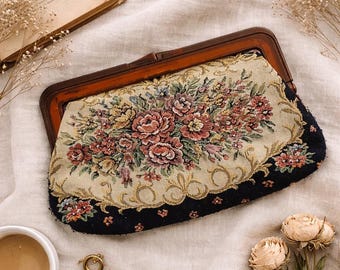 Vintage Tapestry Clutch Bag, Floral Handbag, 70s Frame Purse, Parisian Chic Evening Bag