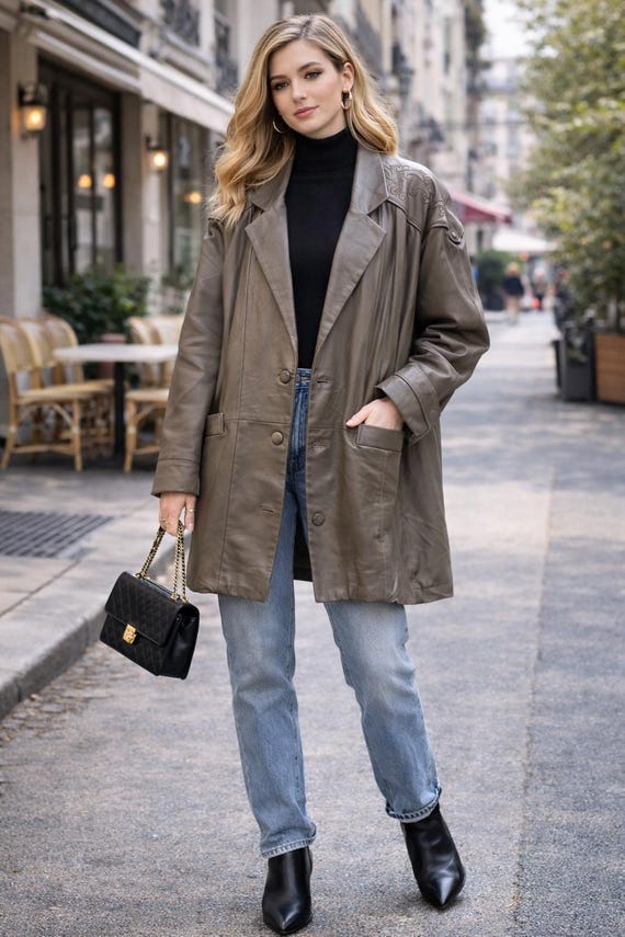 Vintage 90s Genuine Leather Oversized Coat – Taupe Minimalist Rock