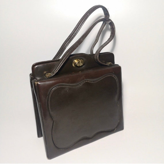 Vintage Dark Brown Leather Top Handle Bag, 70s Gold Clasp Box Bag