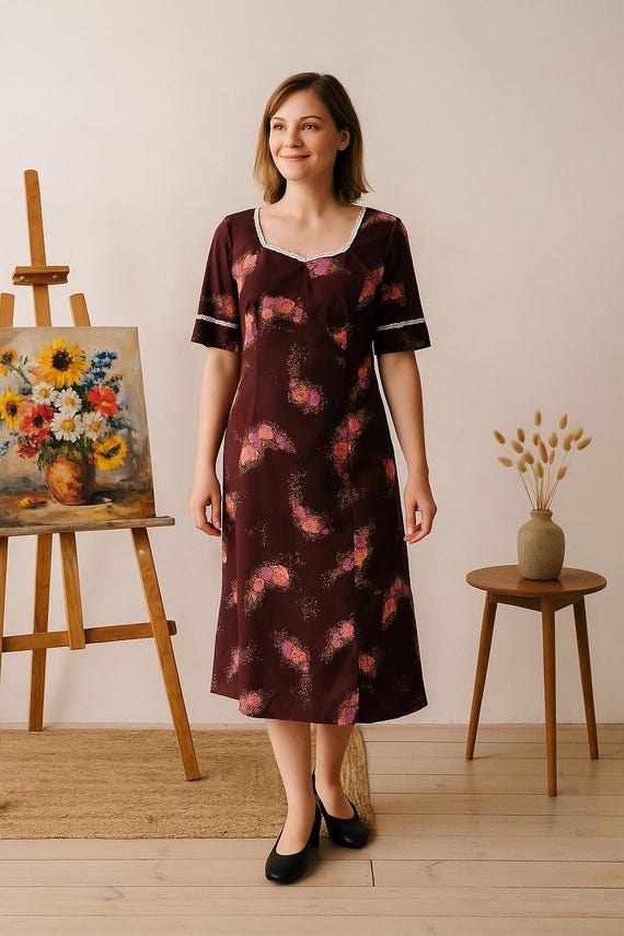 1970s midi dress Vintage 1970s Orange Floral Maxi Dress