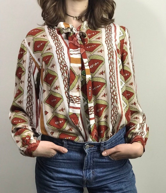 Vintage 70s Ethnic Print Pussy Bow Shirt / Long Sl