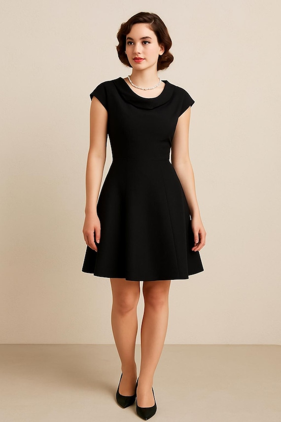 elegant vintage black dress Katherine Long Sleeve 50s Style Swing Dress in All Black main image 1